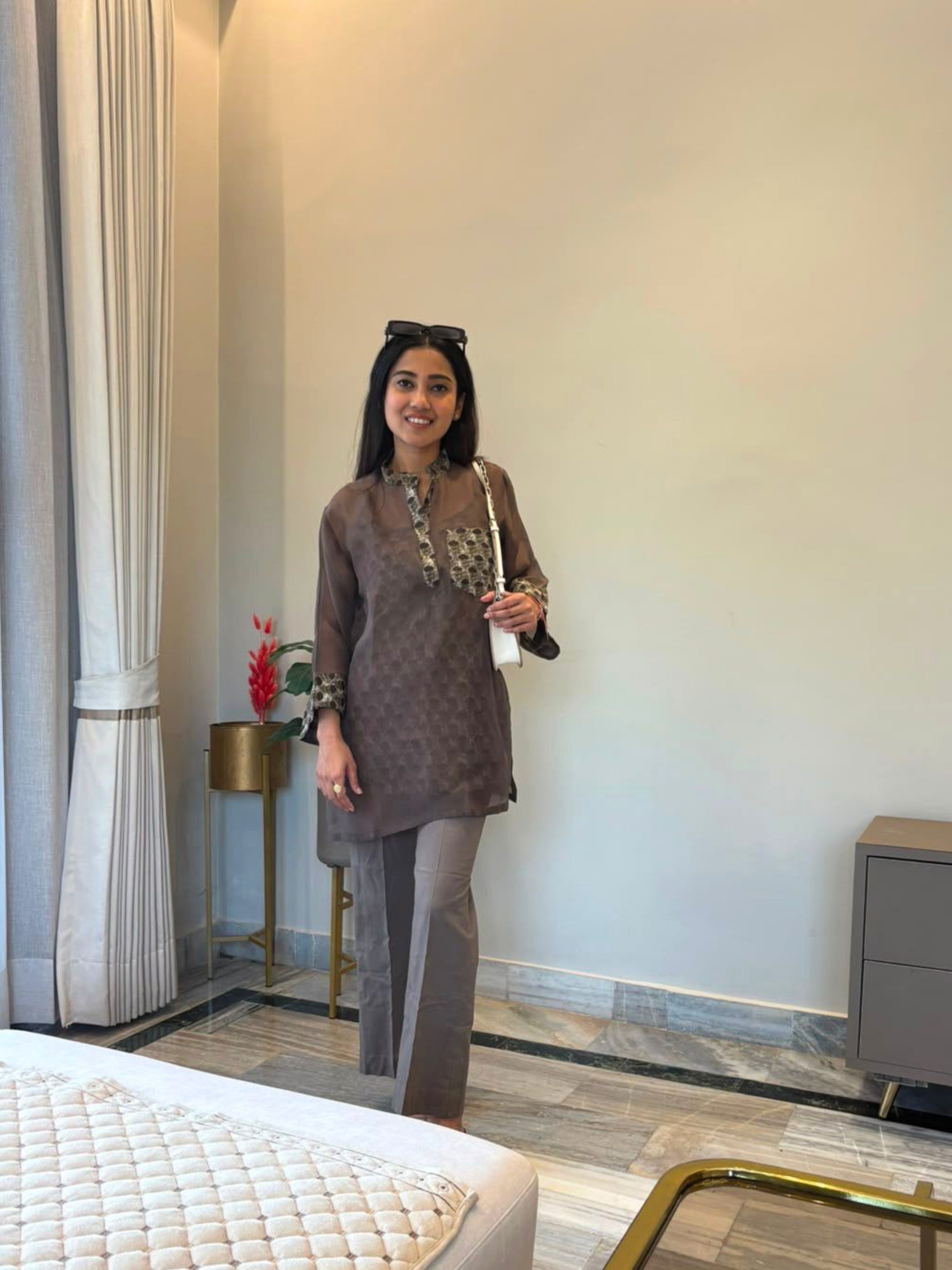 Brown Blossom 3 piece Organza Cor-ord Set